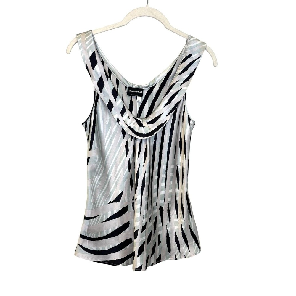 Giorgio Armani Blouse Womens 40 4 Gray Silk Cowl Neck Sleeveless Print Top Italy